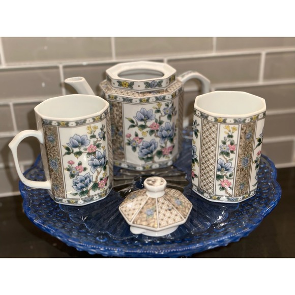 Vintage 4 Piece Hues N Brews Floral Ceramic Tea Set
